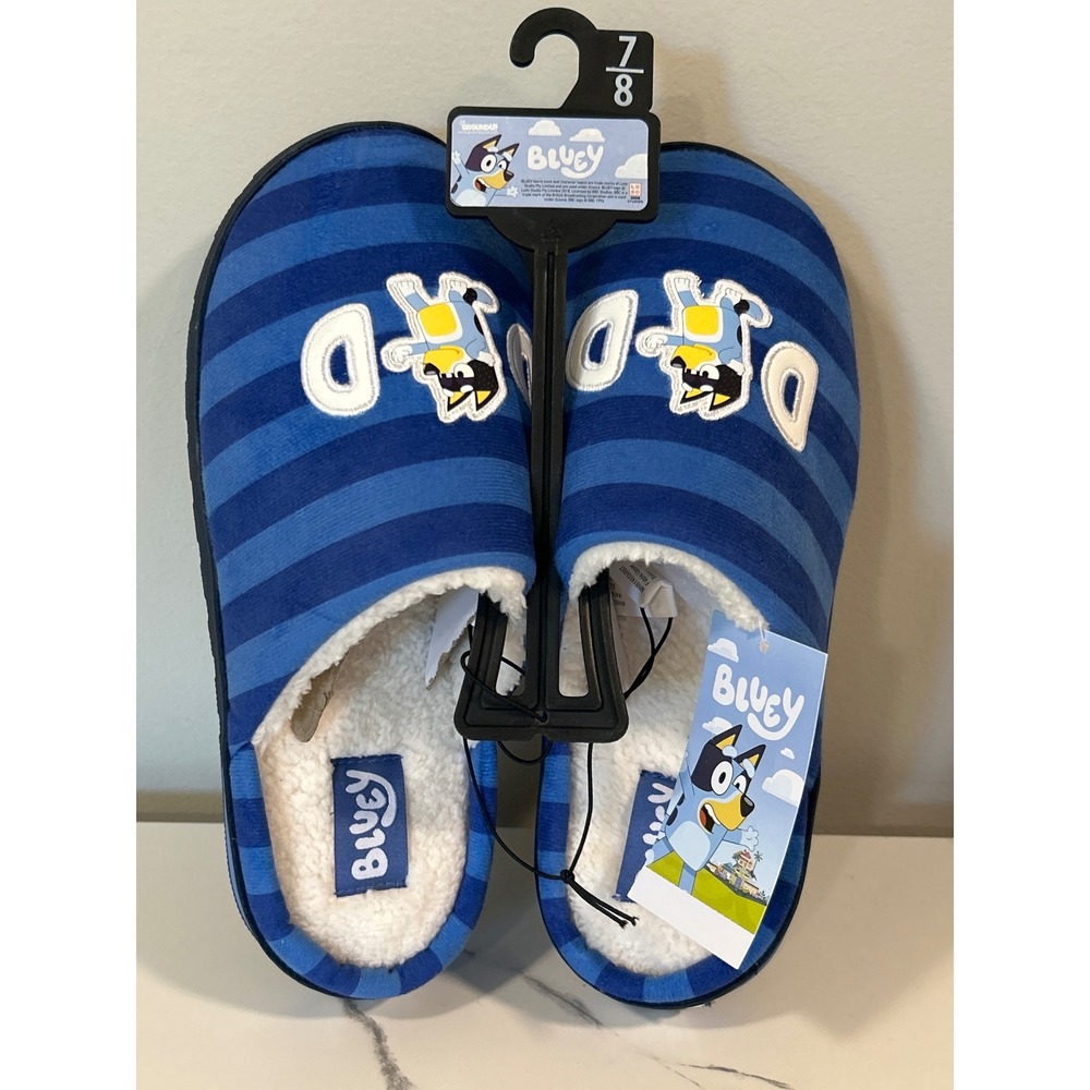 Ground Up Bluey Scuff Slippers Mens 7-8 Blue New Bandit Dad Striped House Shoes
